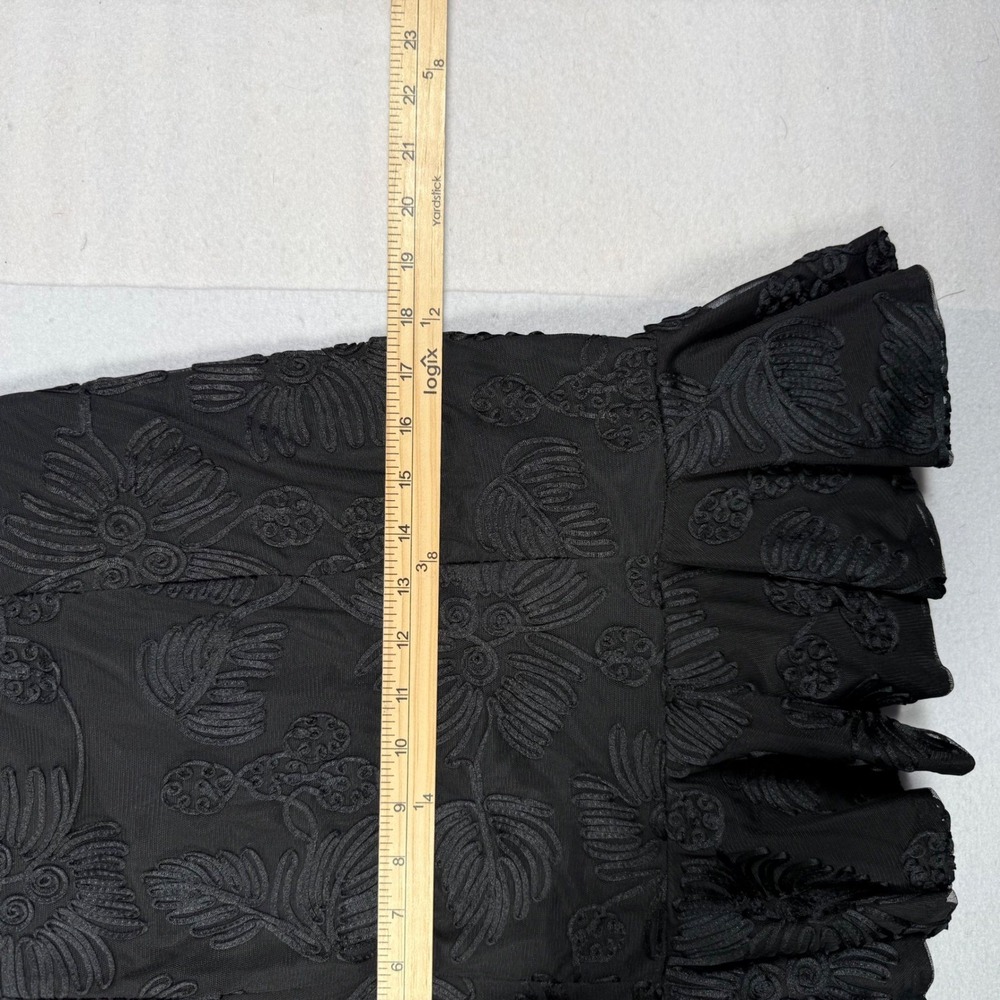 Halston Black Floral Embroidered Mesh Ruffle Hem Cocktail Dress Size 4 Cap - Picture 6 of 8